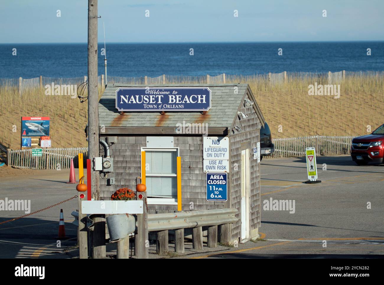 Parking lot entrance and attendant's booth at Nauset Beach, Orleans ...