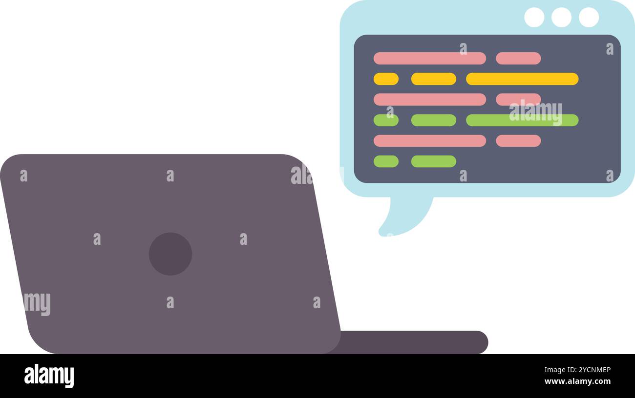 This vector illustration features a laptop showing code in a speech bubble, perfect for topics like programming and web development Stock Vector
