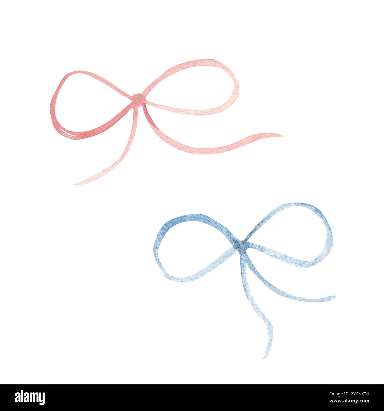 Pink and Blue Bows. Hand drawn Watercolor illustration of thin Ribbons ...