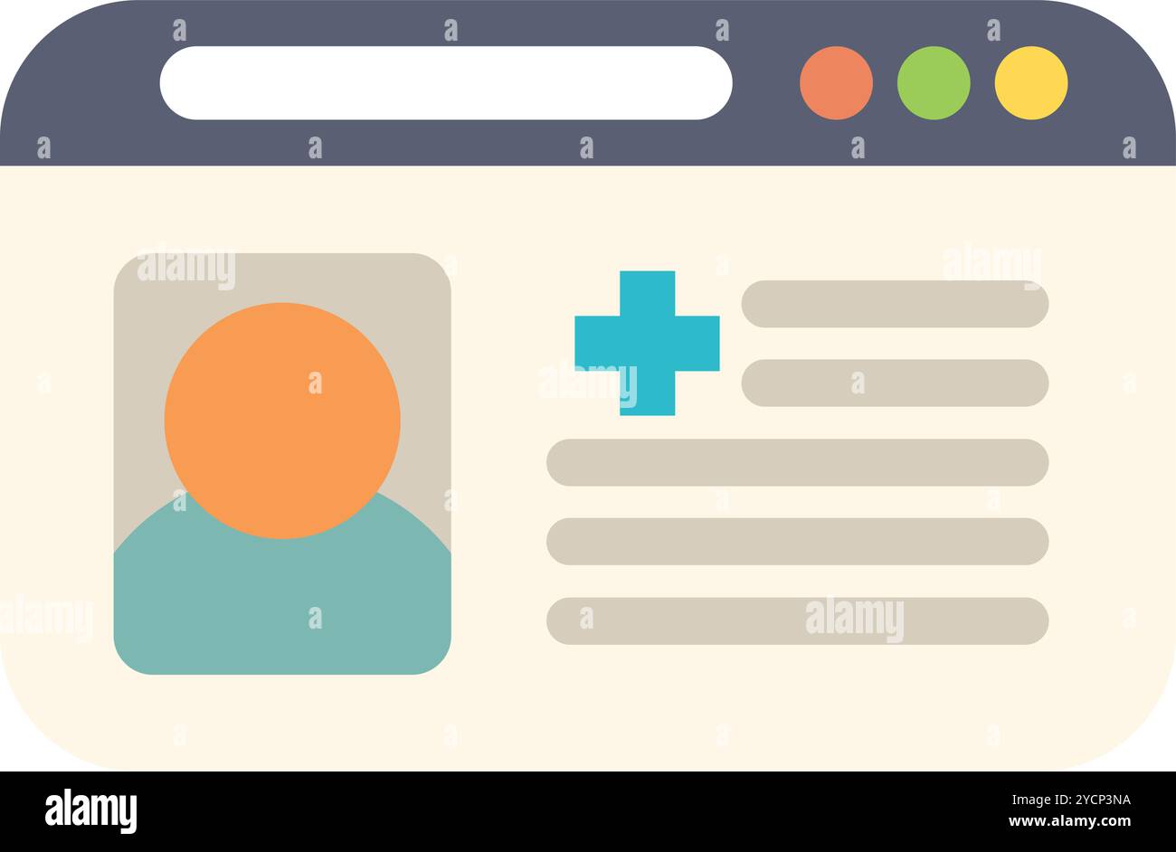 Website showing patient profile with healthcare information, webpage with medical record and cross icon Stock Vector