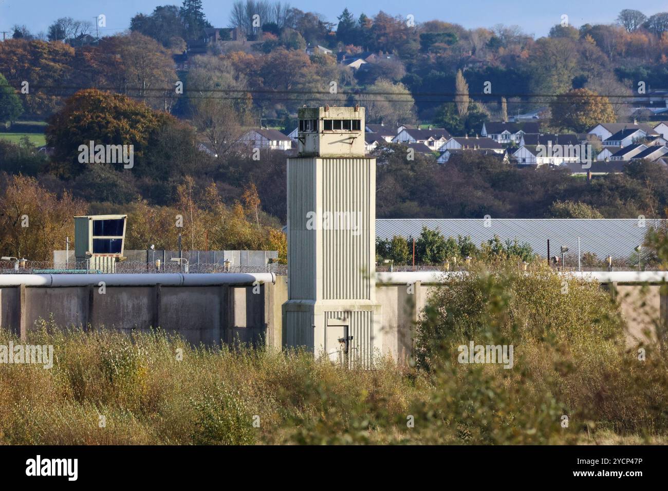 Former HM Prison Maze site. Prison watchtower lookout at The Maze Northern Ireland, former maximum security prison. Stock Photo