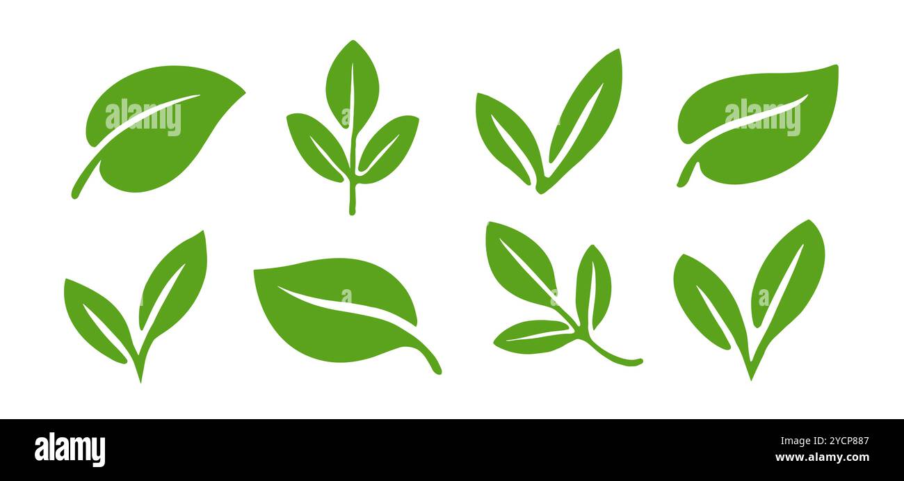 Green leaf icons set. Leaves sign symbol. Elements design for natural organic, eco, vegan food, bio labels Stock Vector