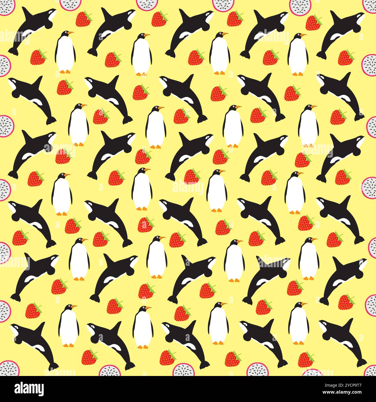 penguin, whale with fruit as a pattern background Stock Vector