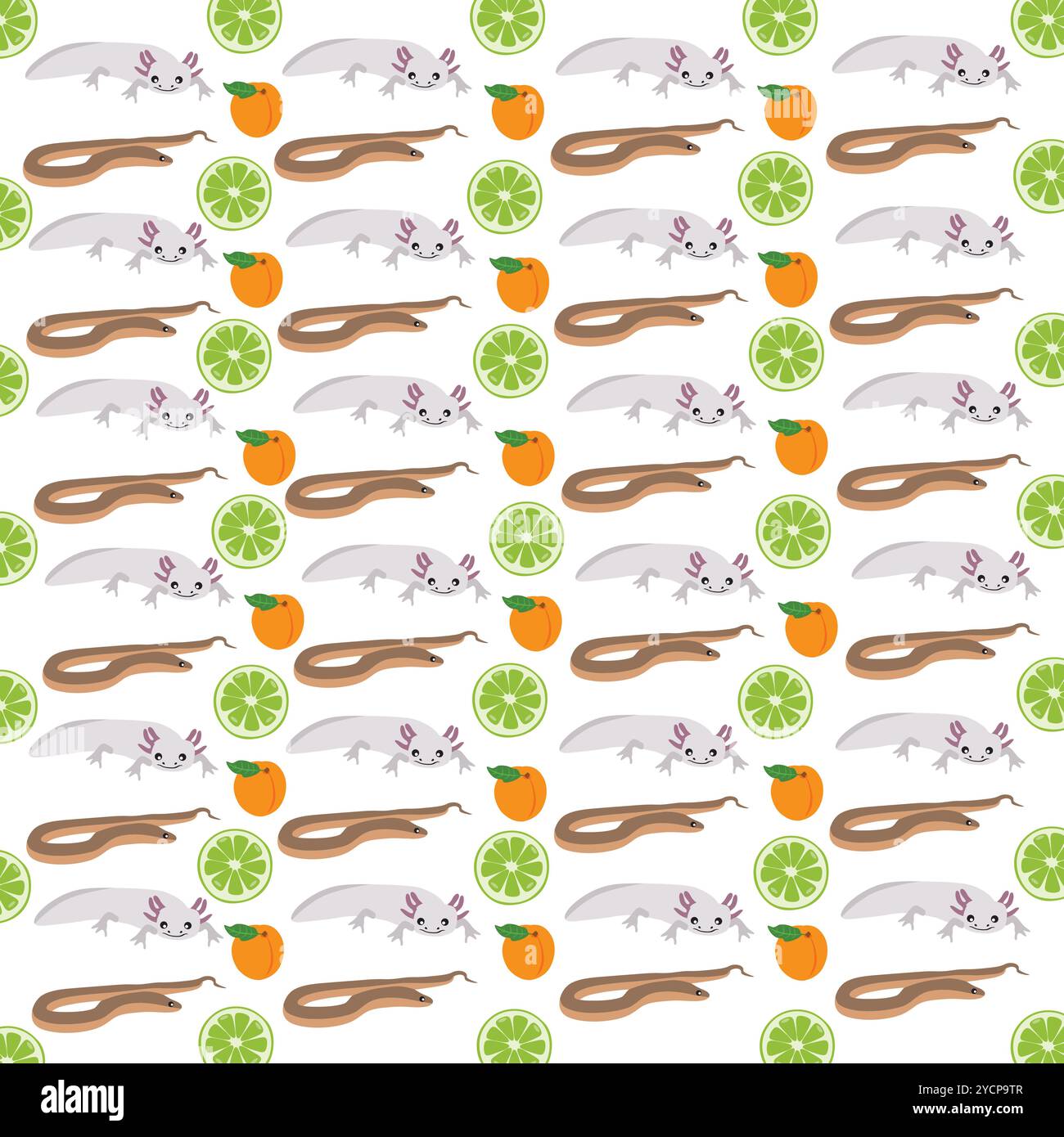 worms, axolotl with fruit as a pattern background Stock Vector