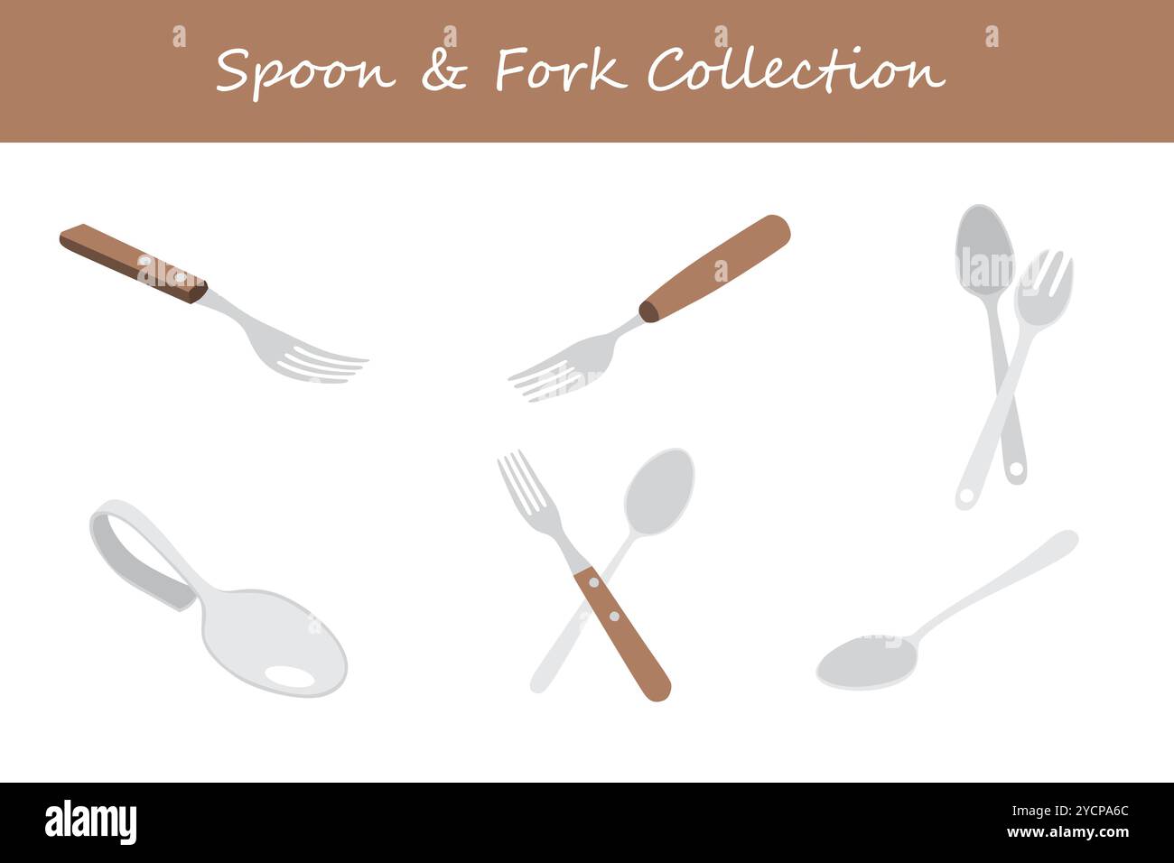 spoon and fork collection in different poses. Vector illustration Stock ...