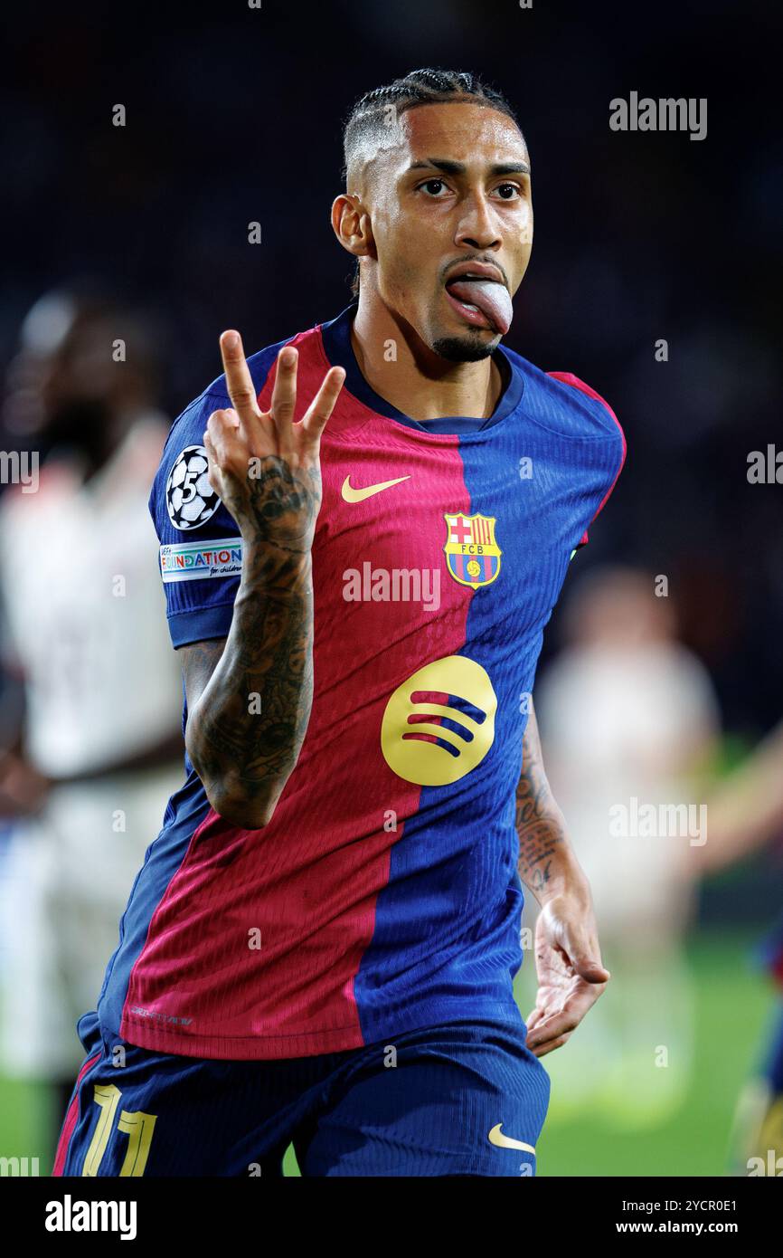 Barcelona, Spain. 23rd Oct, 2024. Raphinha celebrates after scoring a