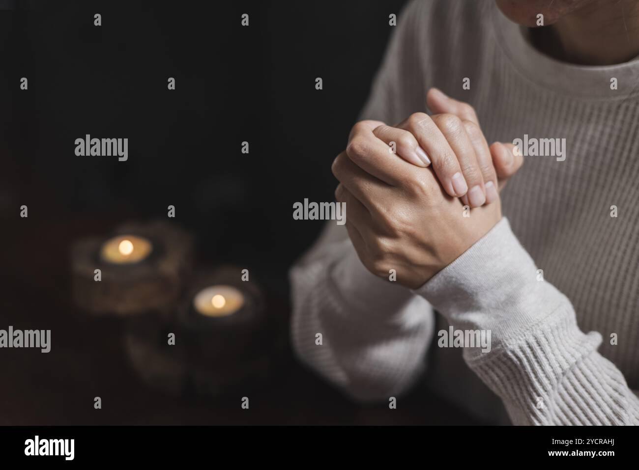 Religion concept. Human hands together forgives and blesses. Praying hands of woman. Power of hope or love and devotion. Namaste or Namaskar hands ges Stock Photo