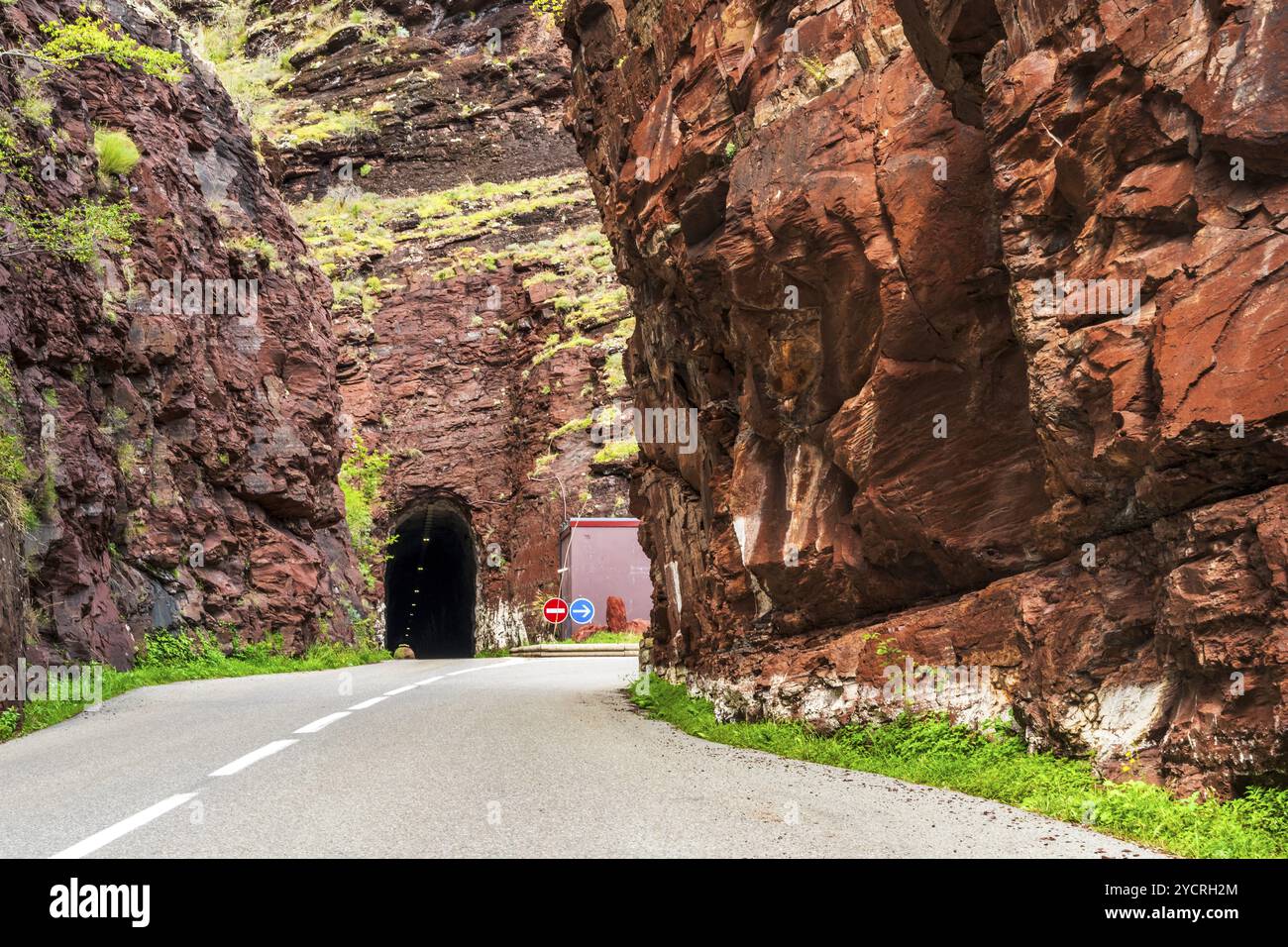 Road through canyon Gorges du Daluis with its red rocks, Departement Alpes Maritimes, French Maritime Alps, France, Europe Stock Photo