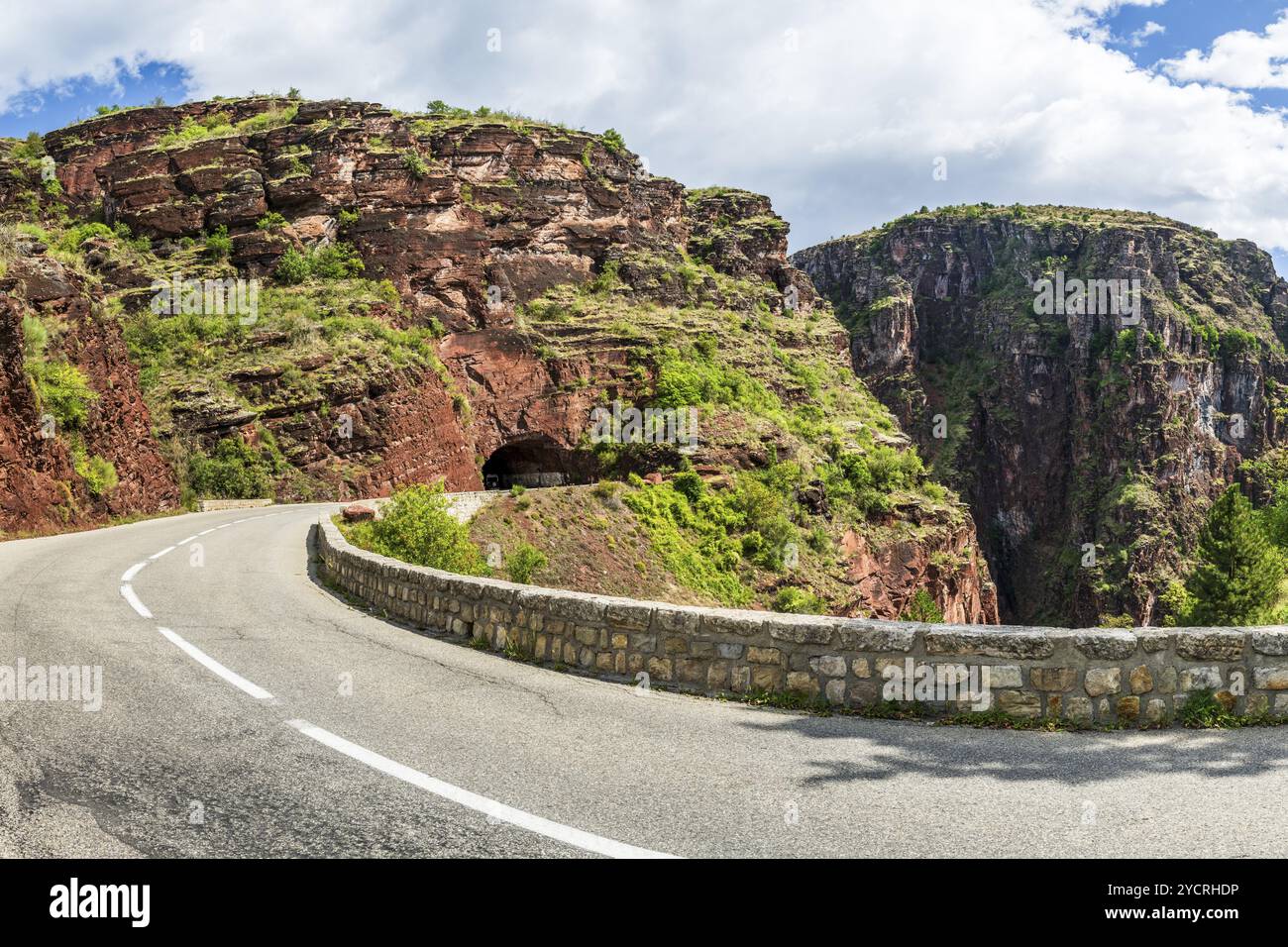 Road through canyon Gorges du Daluis with its red rocks, Departement Alpes Maritimes, French Maritime Alps, France, Europe Stock Photo