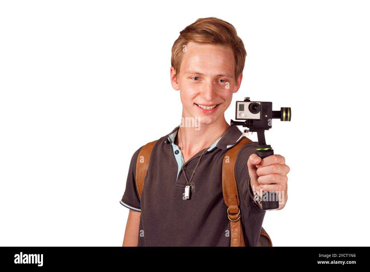 Videographer holds mobile camera on gimbal. Stock Photo