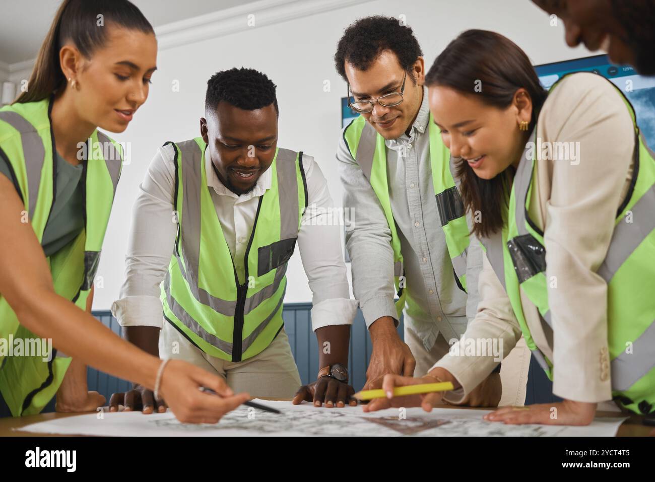 Architect, blueprint and team discussion in meeting for building ...