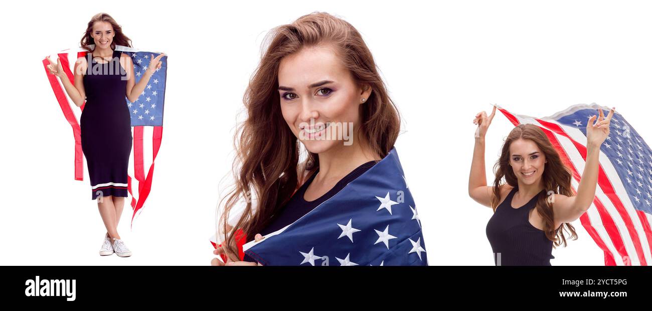 Happy young girl holding USA flag isolated on white background Stock ...