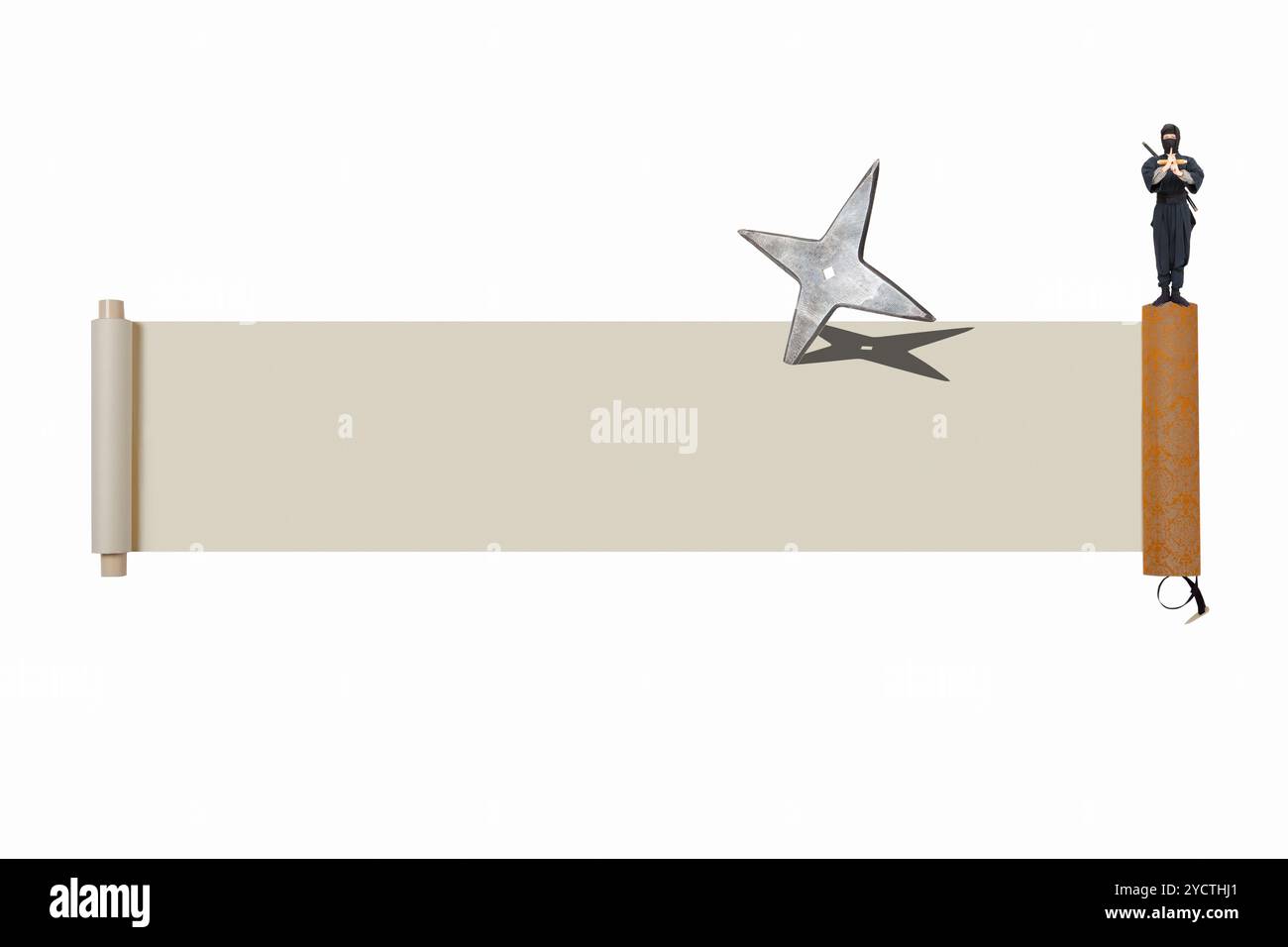 Ninja with shuriken and scroll Stock Photo