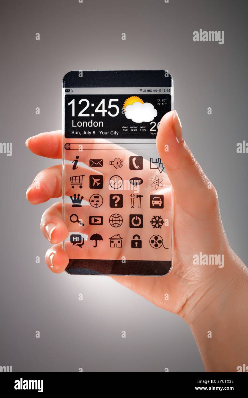 Smartphone with transparent screen in human hands. Stock Photo