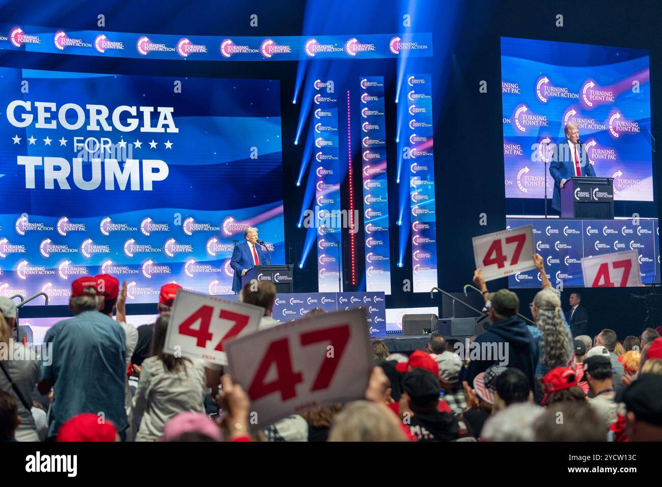 Donald Trump speaks at his election rally at the Gas South Arena in ...