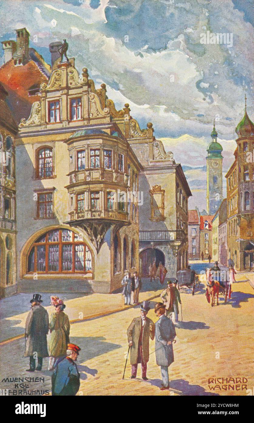 Vintage illustrated German postcard of the Hofbräuhaus am Platzl beer hall in Munich, Bavaria. Painted by Richard Wagner. Stock Photo