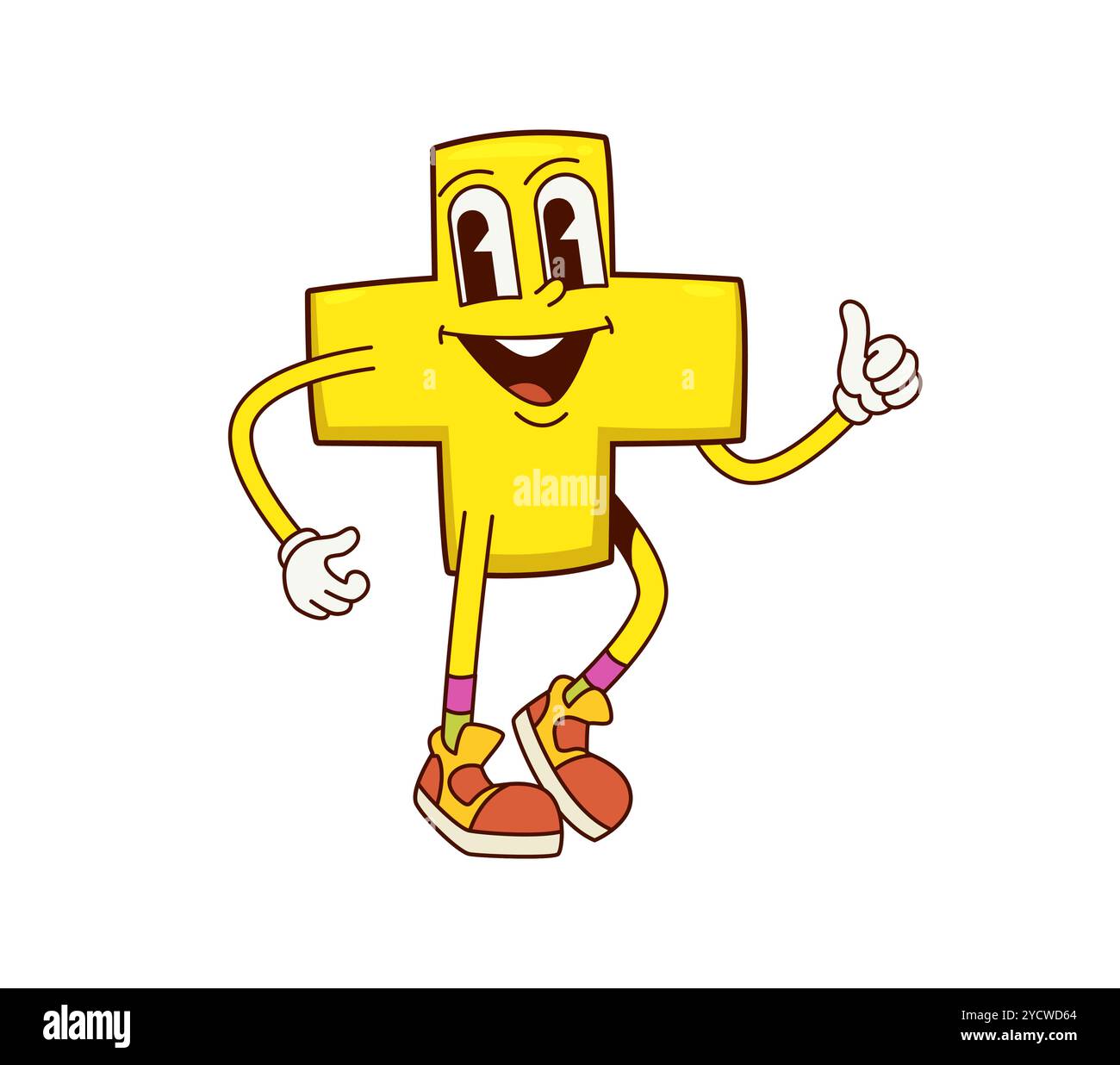 Cartoon plus math symbol groovy character with big eyes and happy smile ...