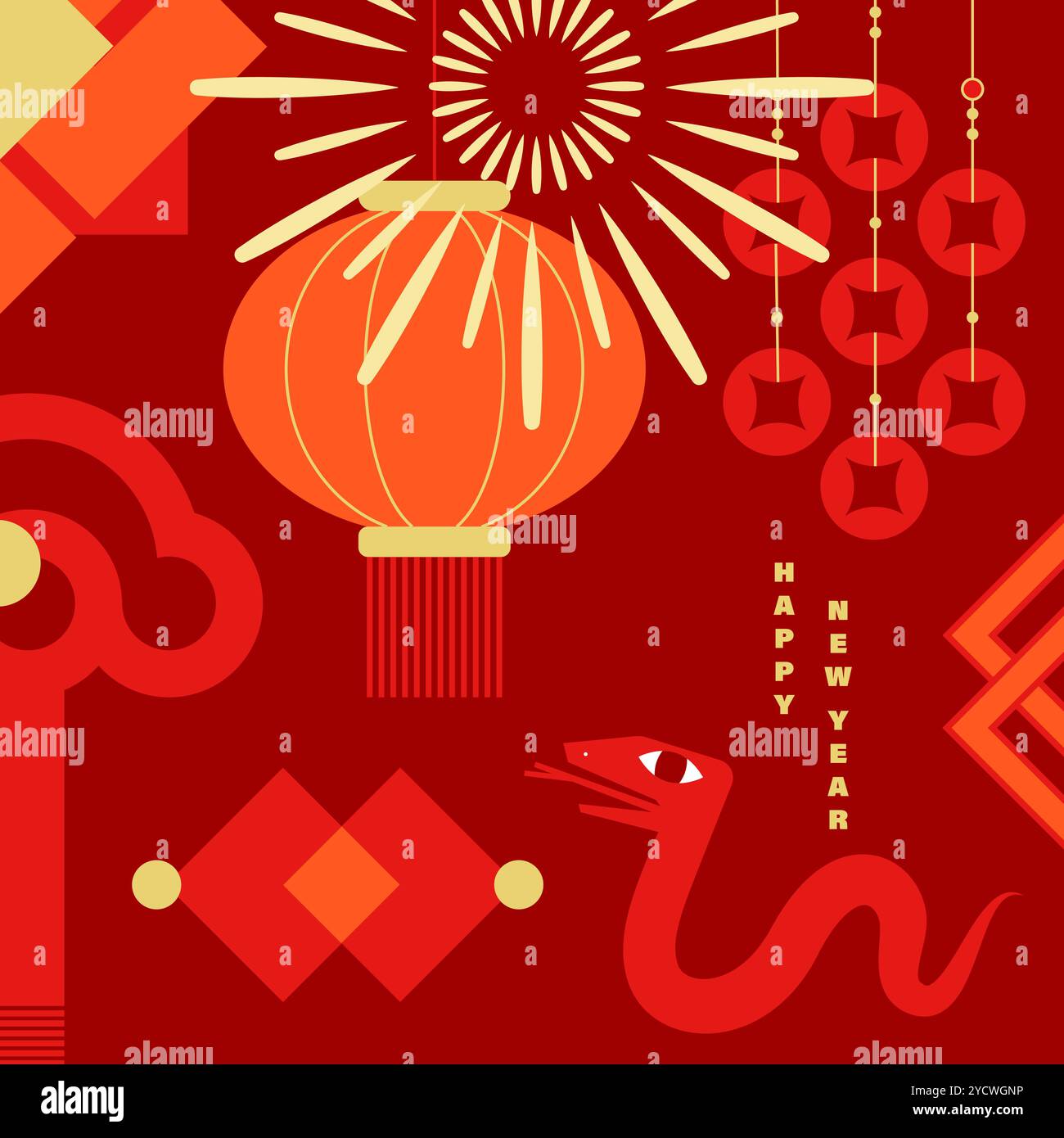 Illustration celebrating the Chinese New Year of the Snake, featuring a minimalist decorative style with traditional Chinese cultural elements layout Stock Vector