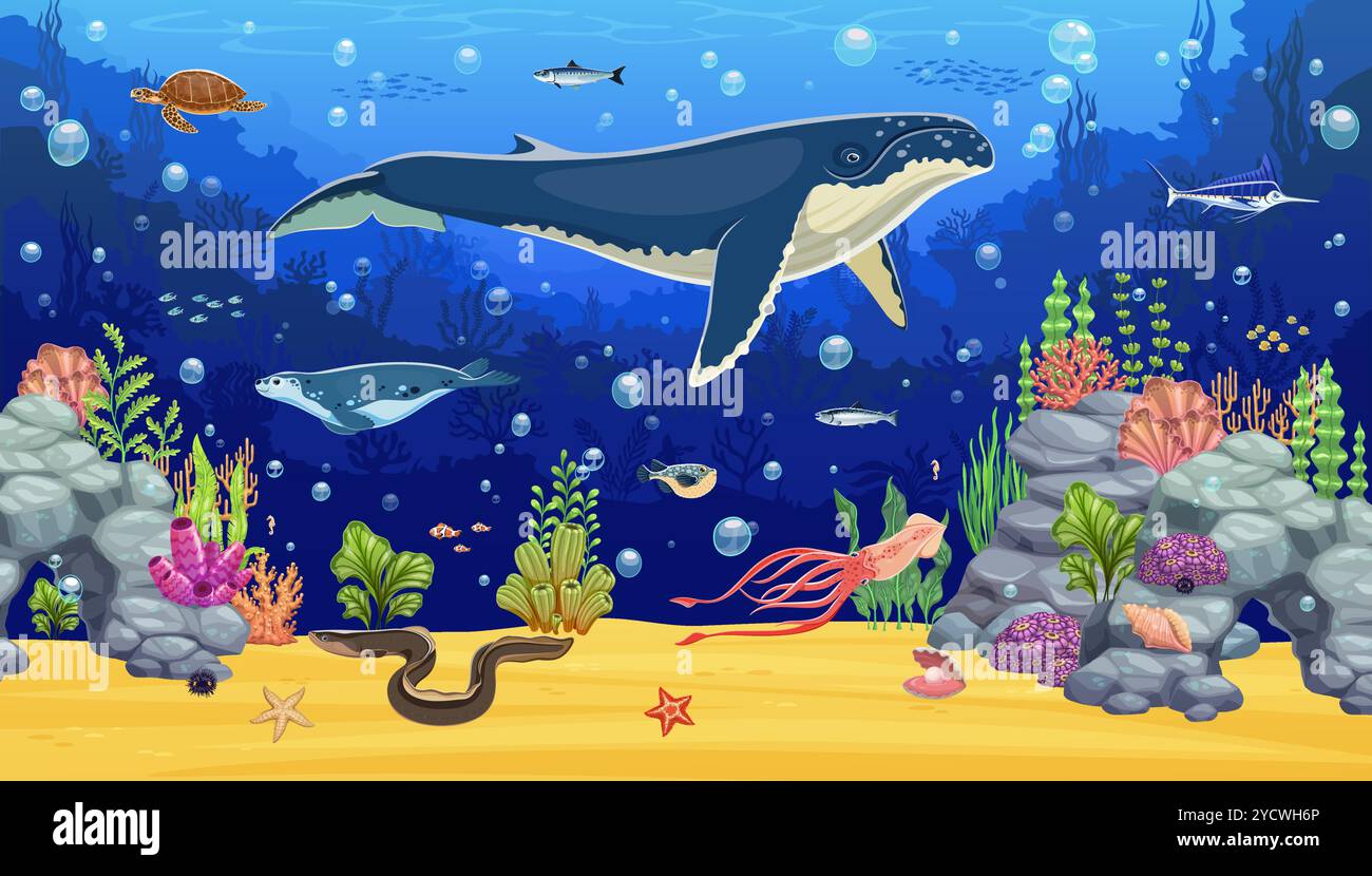 Underwater game landscape background with blue whale and sea animals ...