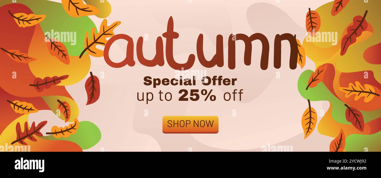 Abstract Autumn Discount Banner with Liquid Background and Fall Leaves ...