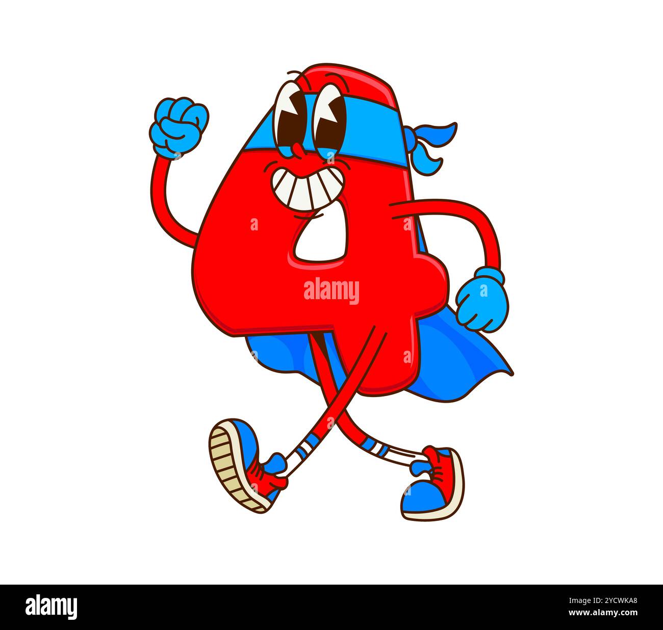 Cartoon groovy math number four superhero character. Isolated vector ...