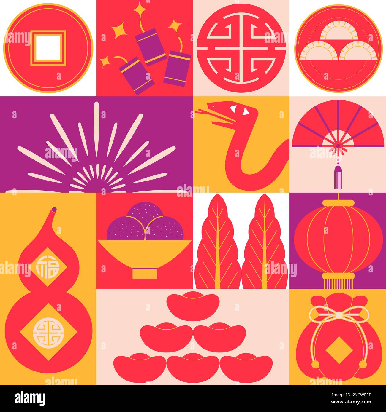 Illustration celebrating the Chinese New Year of the Snake, featuring a minimalist decorative style with traditional Chinese cultural elements layout Stock Vector