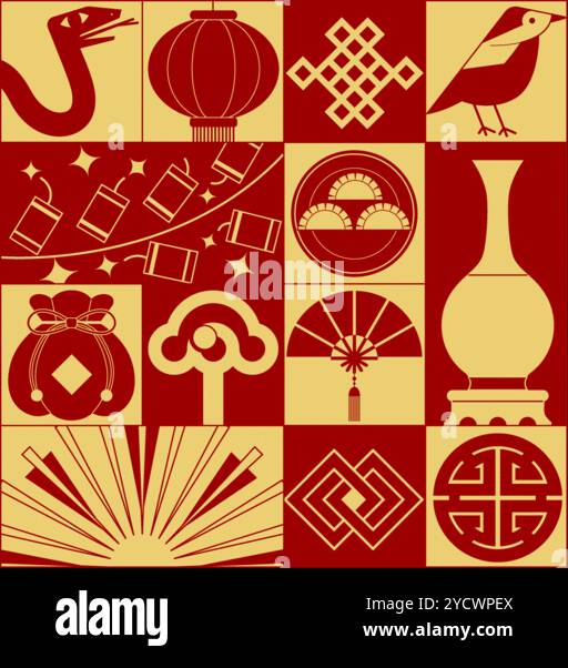 Illustration celebrating the Chinese New Year of the Snake, featuring a minimalist decorative style with traditional Chinese cultural elements layout Stock Vector