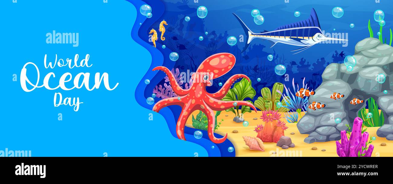 Underwater landscape paper cut banner with octopus and swordfish among ...
