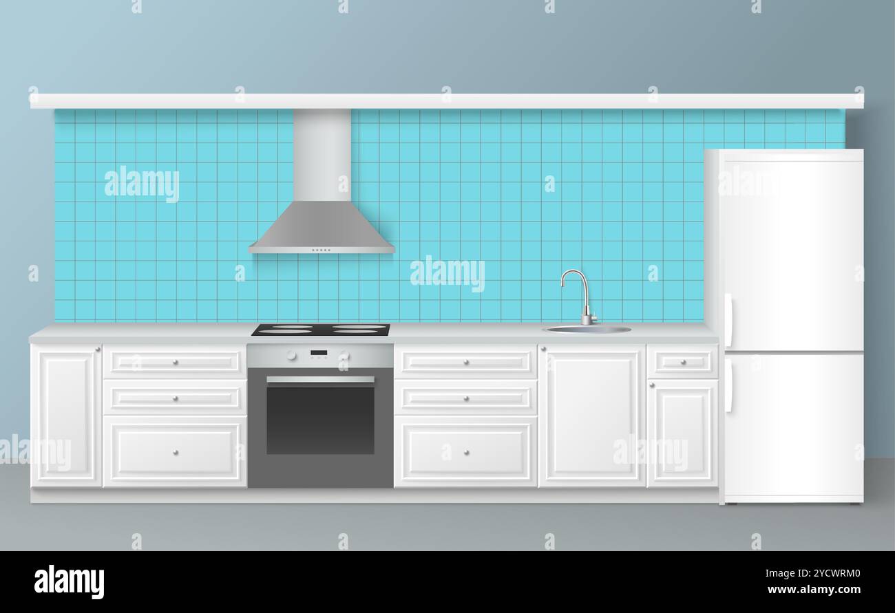Kitchen without upper cabinets realistic design interior Stock Vector Image & Art - Alamy