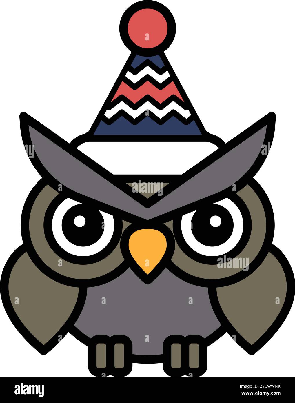 A cartoon owl wearing a hat and a red and blue ribbon. The owl is smiling and looking at the camera Stock Vector