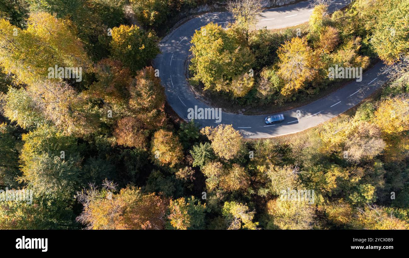 A scenic aerial view of a winding road cutting through a dense forest ...