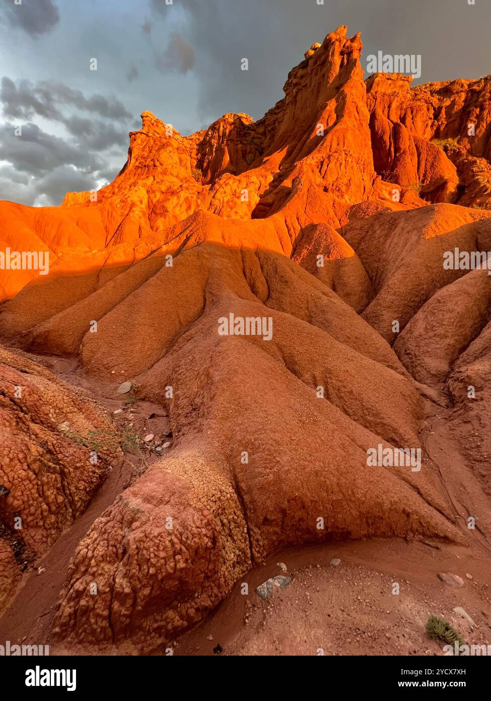 Explore the vibrant colors and surreal rock formations of Skazka Canyon, Kyrgyzstan—a hidden gem in Central Asia’s rugged landscapes. #SkazkaCanyon - Smartphone Captured Stock Image
