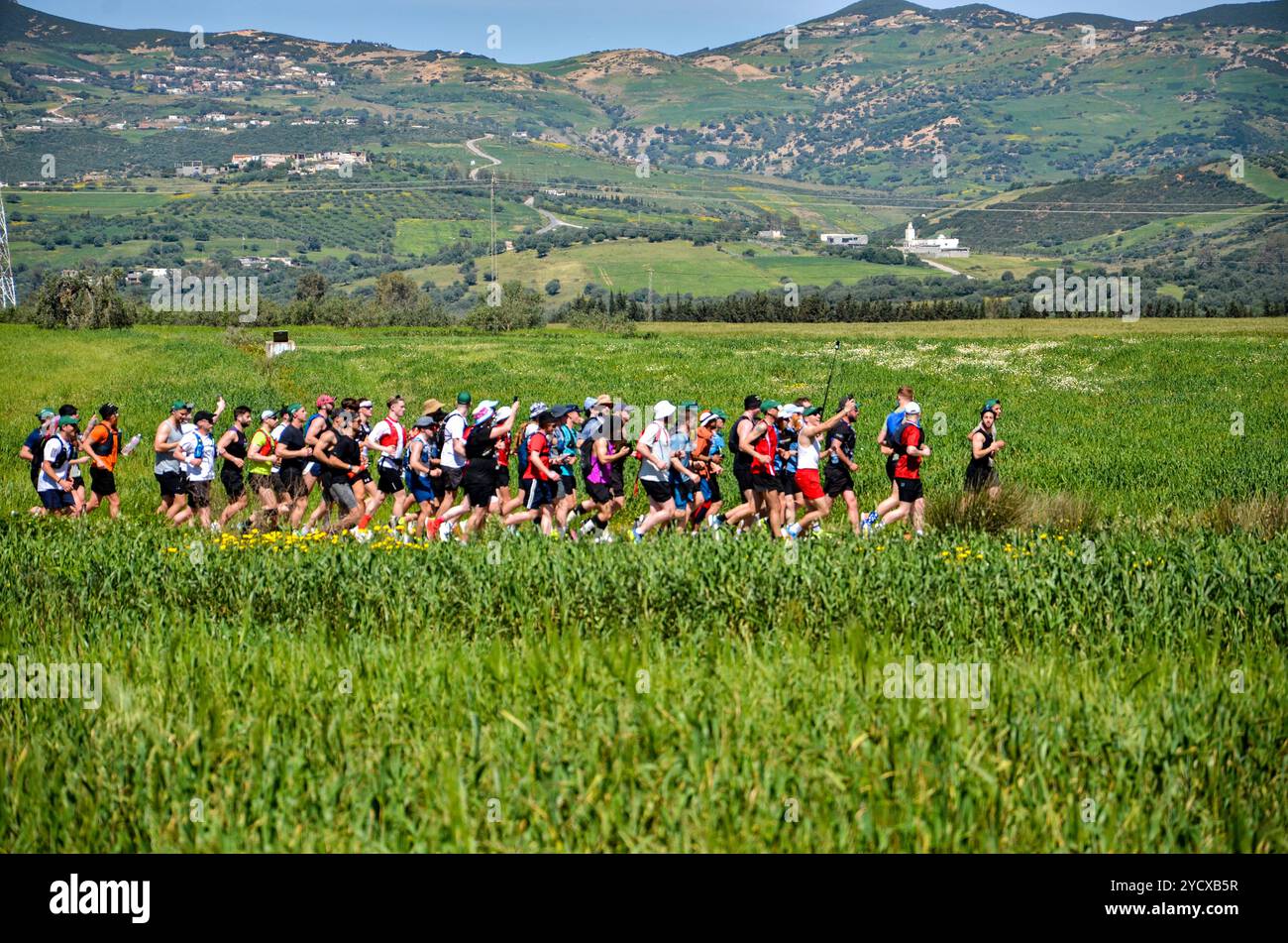 Bizerte, Tunisia. 07 April 2024. Russ Cook runs with his supporters ...