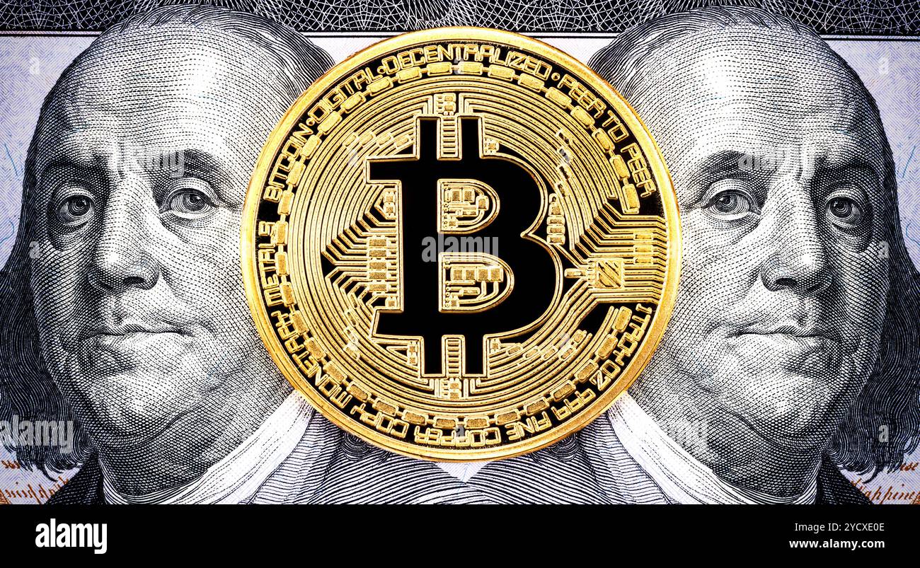 Cryptocurrency of the Bitcoin with Benjamin Franklin portrait from one  hundred american dollars. Business concept of worldwide cryptocurrency  Stock Photo - Alamy