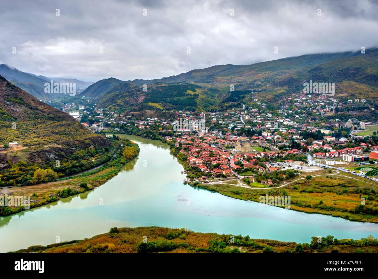 View to Mtskheta with Aragvi river, Georgia Stock Photo