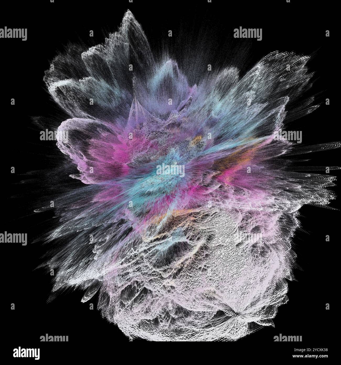 This 3D render showcases a dynamic burst of particles in an abstract ...