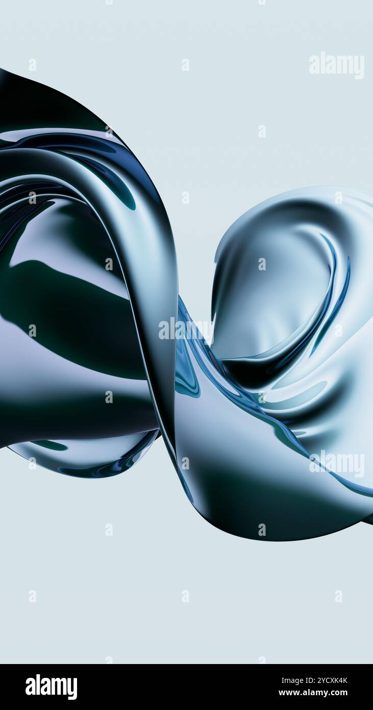 A 3D illustration showcasing the interplay of light and shadow on blue metallic curved surfaces with reflections. Stock Photo
