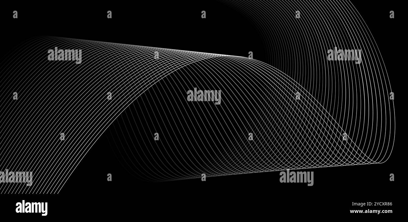 Abstract black and white lines forming a wave pattern against a dark ...