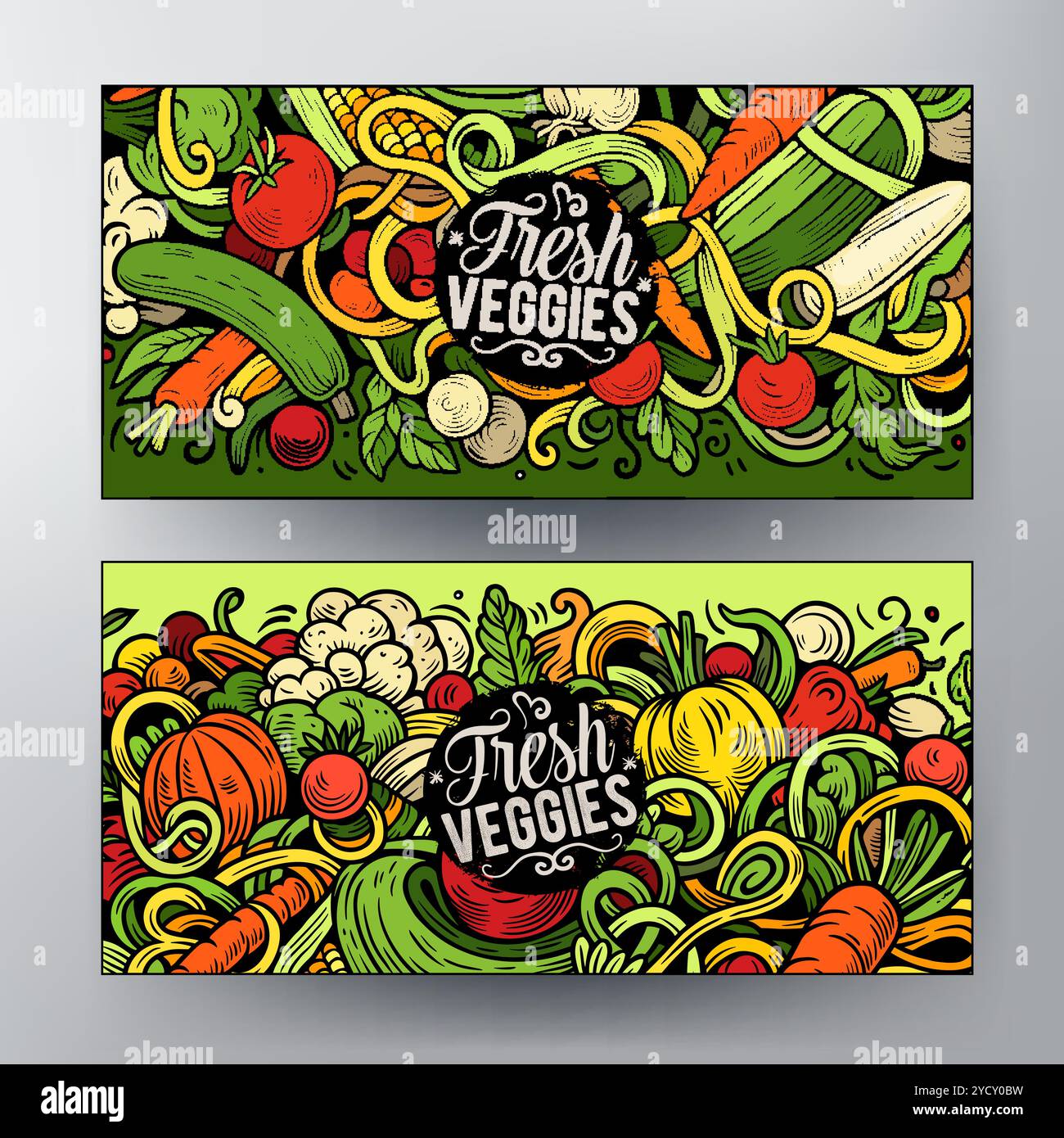 Vector Veggies Sign Cartoon vector doodle set of Fresh Vegetables banners templates ...