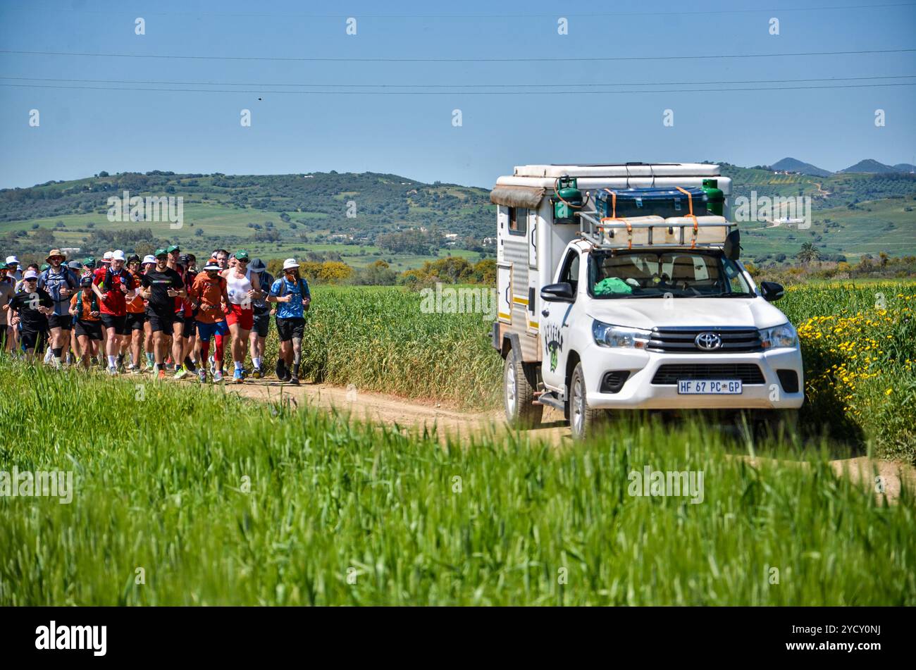 Bizerte, Tunisia. 07 April 2024. Russ Cook runs with his supporters ...