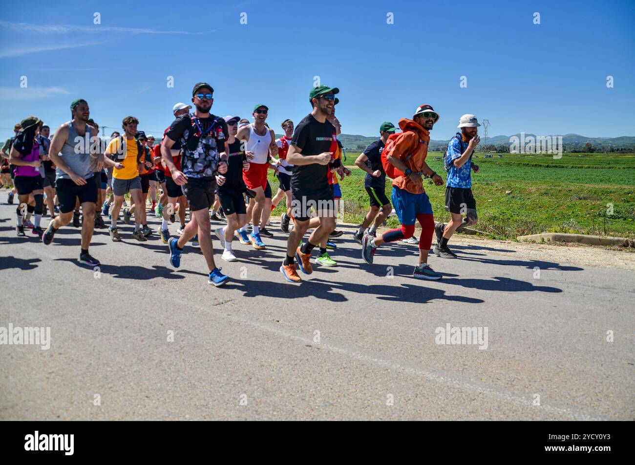 Bizerte, Tunisia. 07 April 2024. Russ Cook runs with his supporters ...