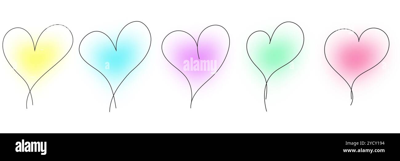 Cute Colorful Blur Hand Drawn Heart Set. Line Art Hearts Stock Vector