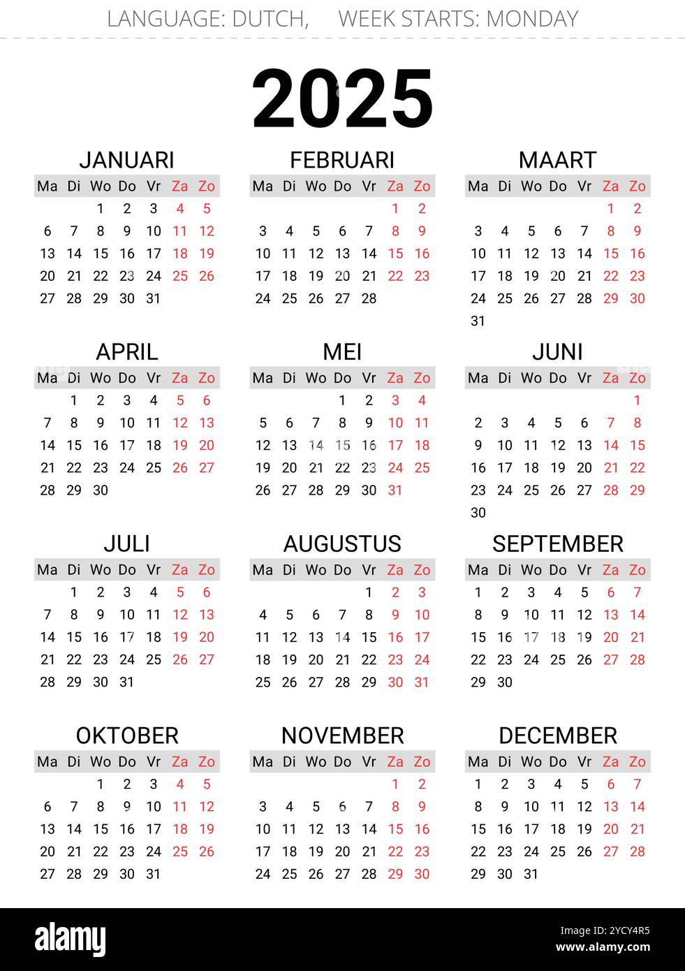 2025 dutch calendar. Printable, editable vector illustration for Dutch