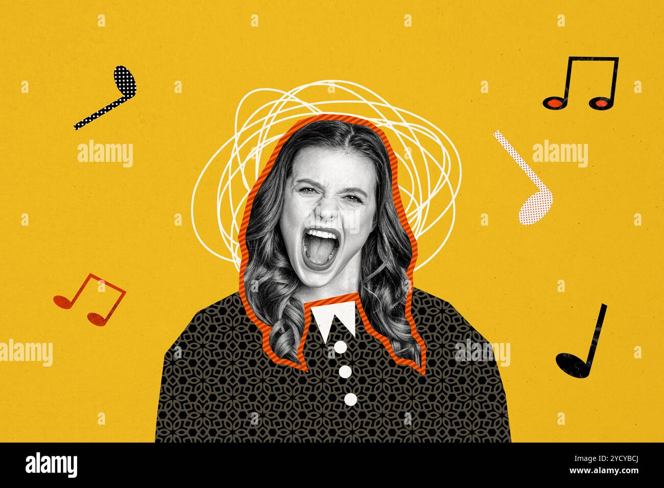 Creative trend collage of funny female singing loud voice have fun 