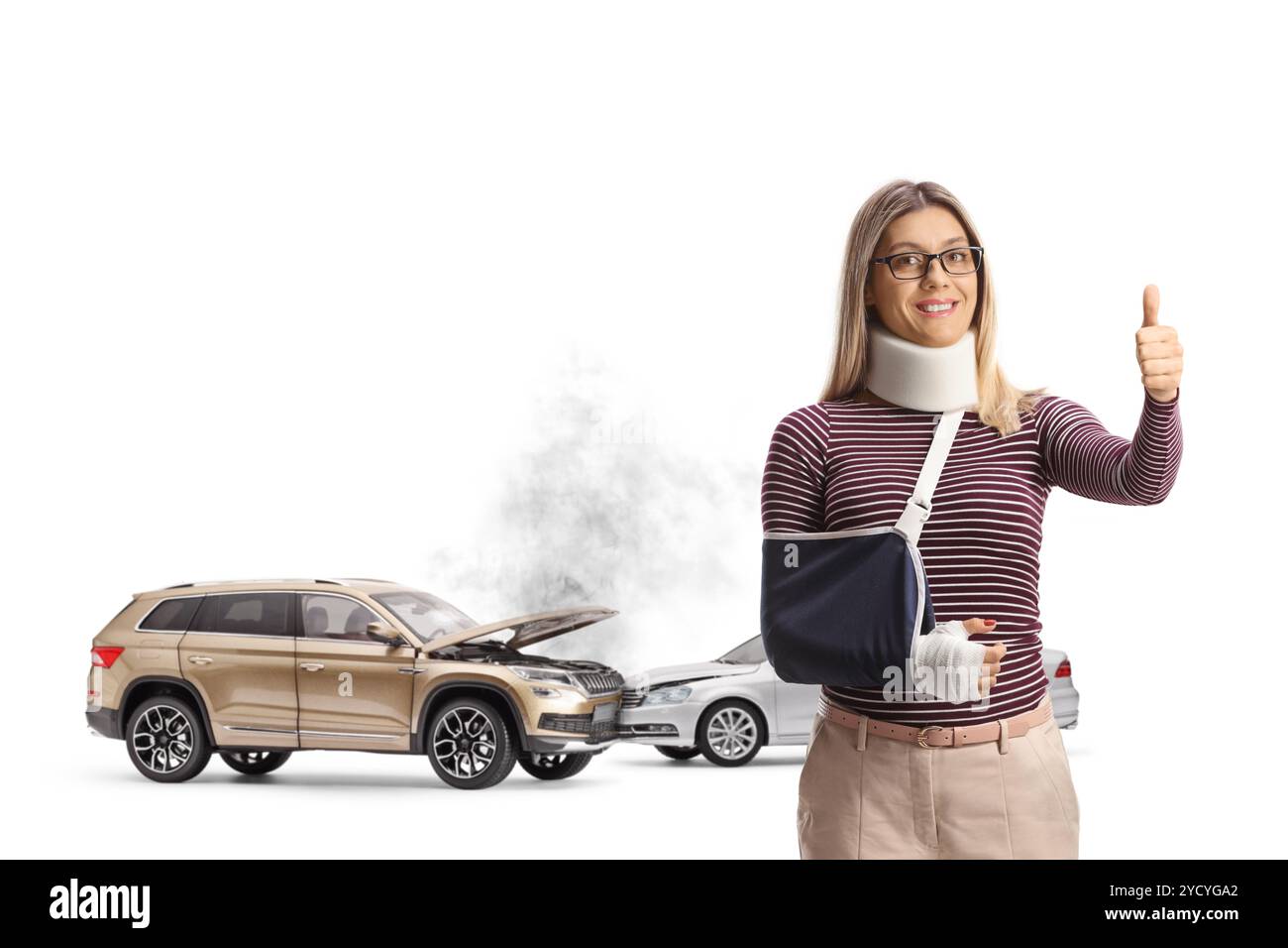 Car crash injured woman with arm sling and cervical collar gesturing ...