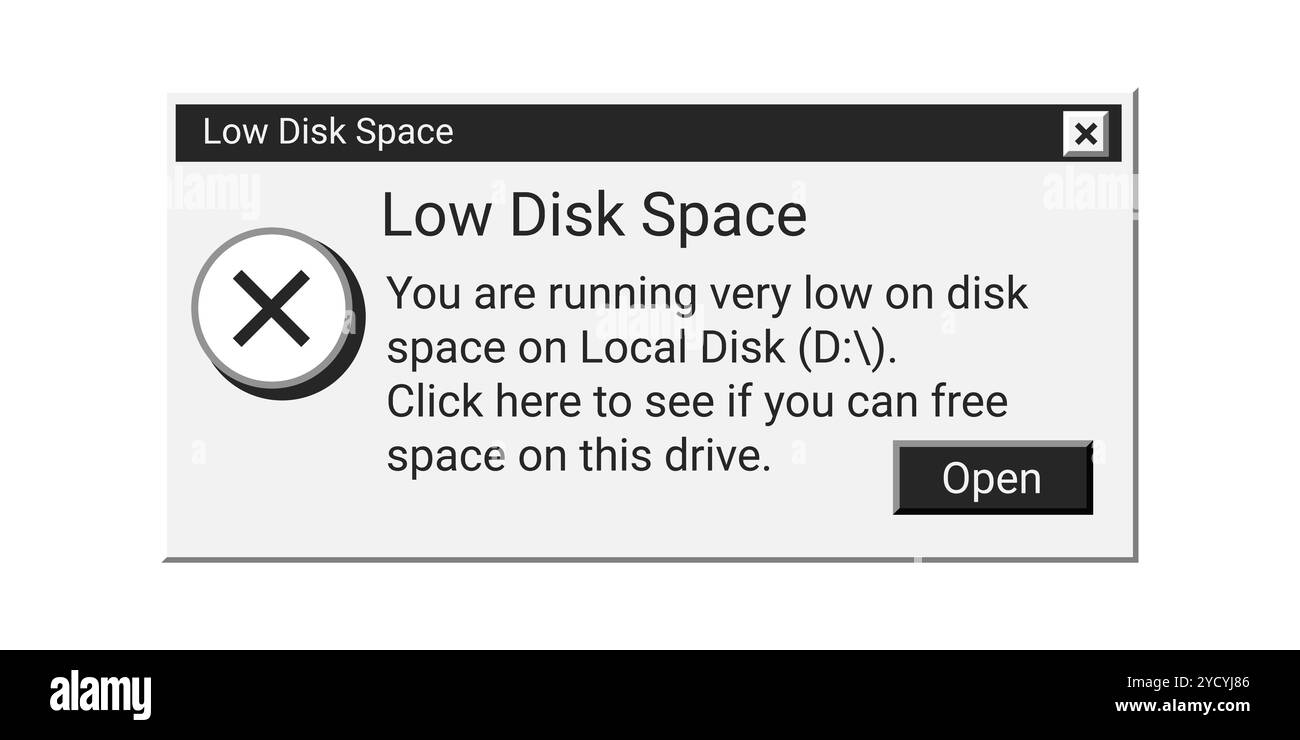 Low disk space retro message in black color. Old error window notification. Stock Vector