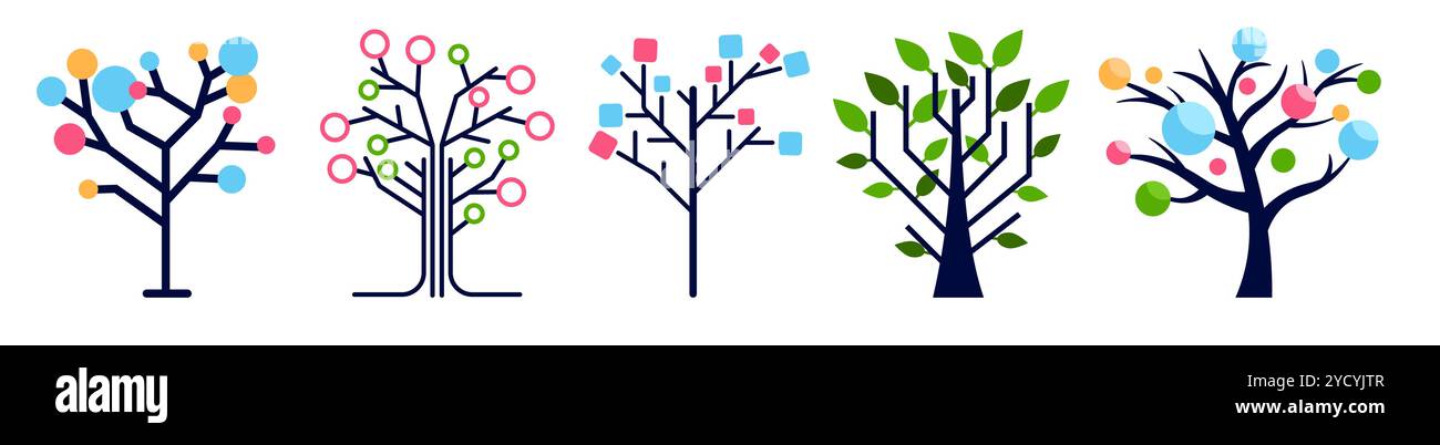 Set of decisions trees in abstract colorful style with geometric elements. Stock Vector