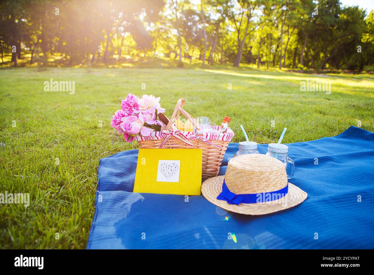 Vintage picnic basket straw hat hi-res stock photography and images - Alamy