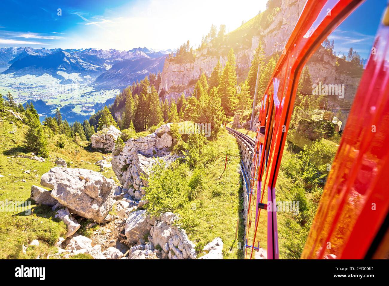 Mount Pilatus descent on worlds steepest cogwheel railway Stock Photo
