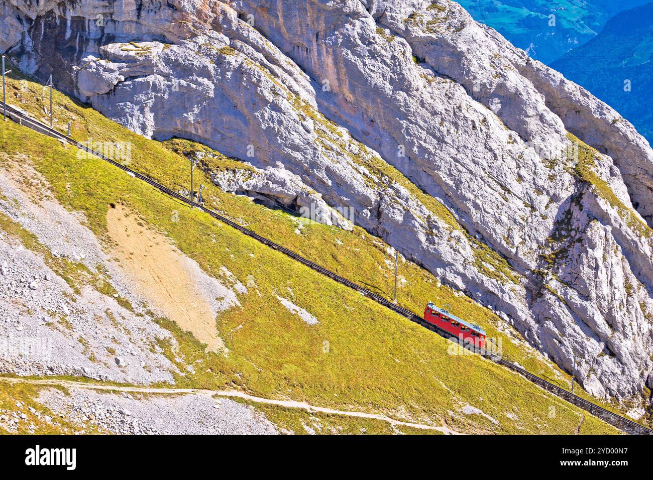 Mount Pilatus descent on worlds steepest cogwheel railway Stock Photo